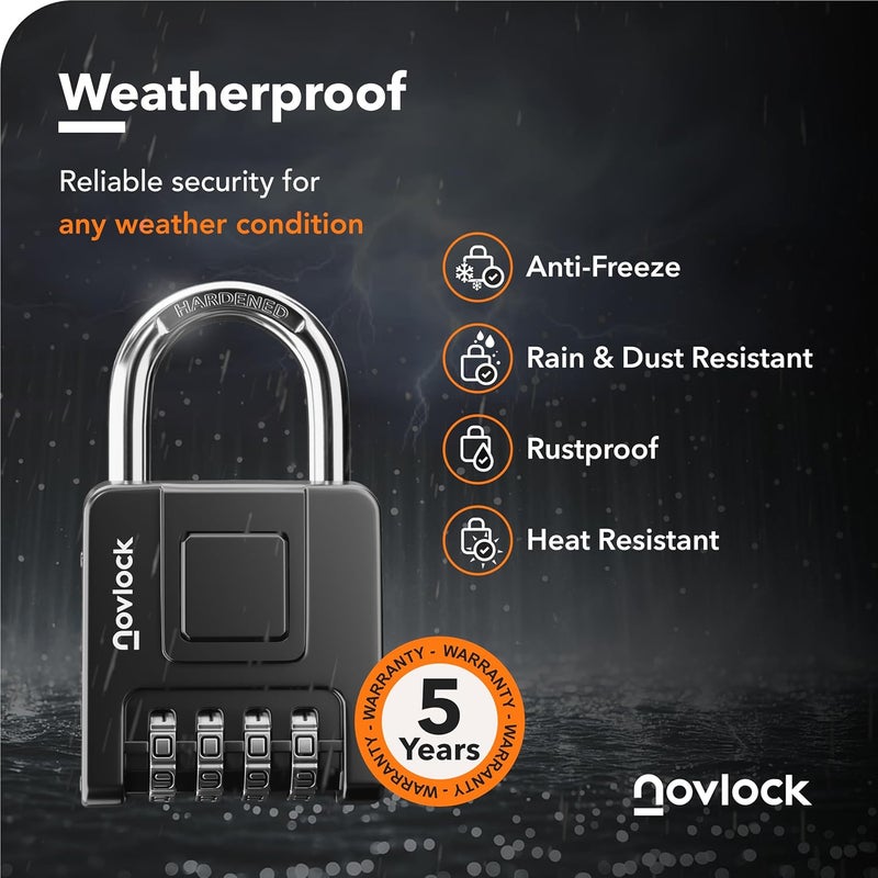 NovLock Combination Locks for Outdoor & Indoor | Heavy Duty, Weatherproof, 4-Digit Security | Padlock for Lockers, Gates, Fences, Sheds, Storage | 2-Pack, Black - Image 3
